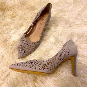 Silver suede high heels
